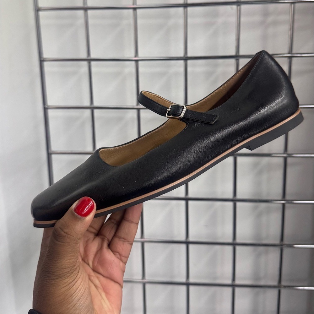 12 STOREEZ Black Leather Square-Toe Ballerina Flats Womens Size EU 37 US 7